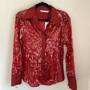 Zara Red Sequin Long Sleeve Button Down Shirt